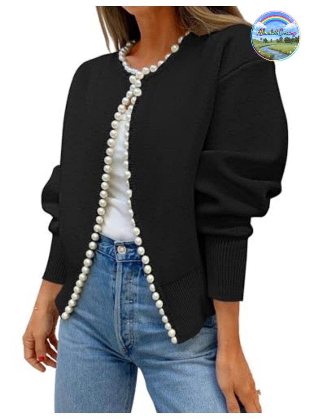 Women's Pearl Embellished Open Front Cardigan - Long Sleeve Knit Sweater